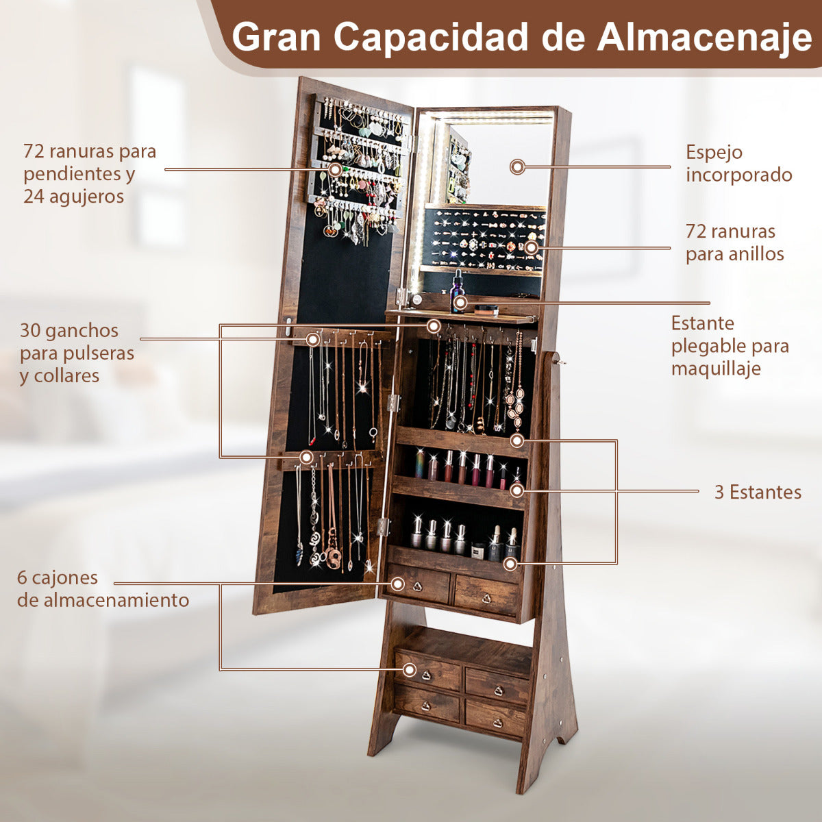Armario para Joyas con Espejo Joyero con Luces LED Ángulo de Inclinación Ajustable Gran Capacidad de Almacenamiento 41 x 36 x 159 cm Marrón