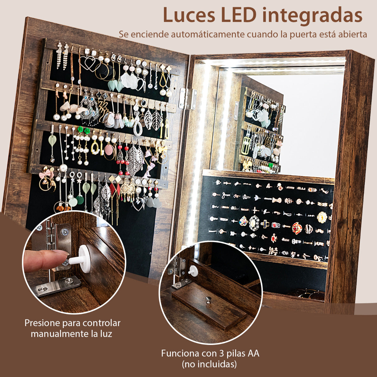 Armario para Joyas con Espejo Joyero con Luces LED Ángulo de Inclinación Ajustable Gran Capacidad de Almacenamiento 41 x 36 x 159 cm Marrón