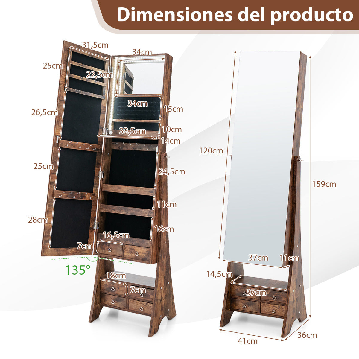 Armario para Joyas con Espejo Joyero con Luces LED Ángulo de Inclinación Ajustable Gran Capacidad de Almacenamiento 41 x 36 x 159 cm Marrón