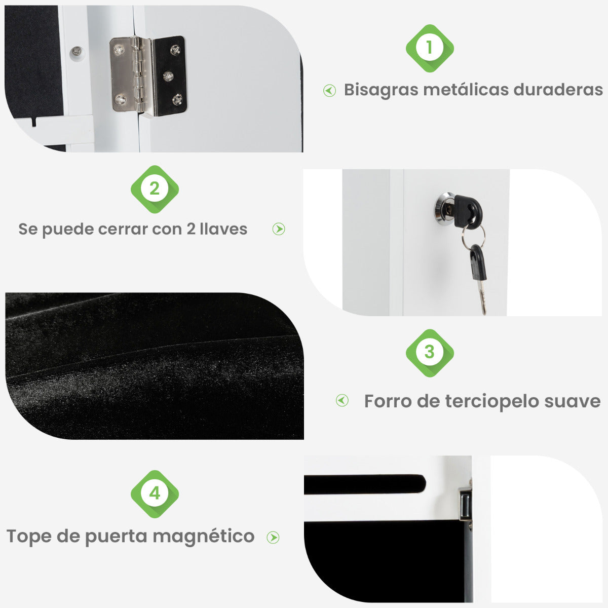 Armario para Joyas con Espejo con LED Cerradura Estante para Joyero Organizador Montar en Puerta y Pared 36,5 x 11,5 x 120 cm Blanco