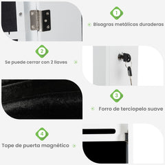 Armario para Joyas con Espejo con LED Cerradura Estante para Joyero Organizador Montar en Puerta y Pared 36,5 x 11,5 x 120 cm Blanco