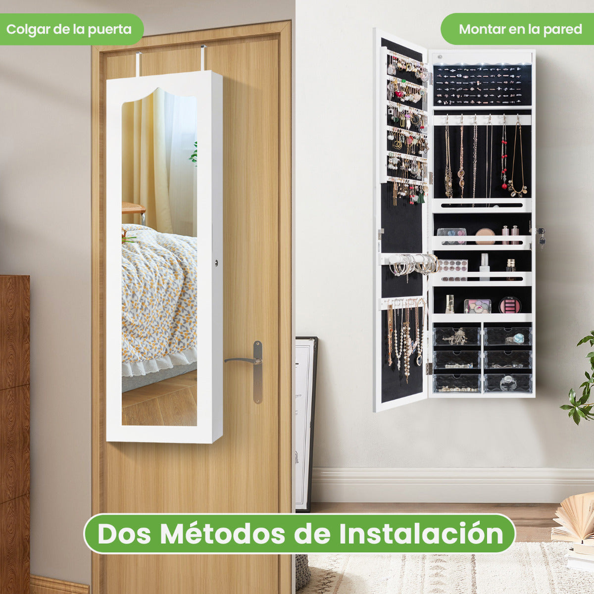 Armario para Joyas con Espejo con LED Cerradura Estante para Joyero Organizador Montar en Puerta y Pared 36,5 x 11,5 x 120 cm Blanco