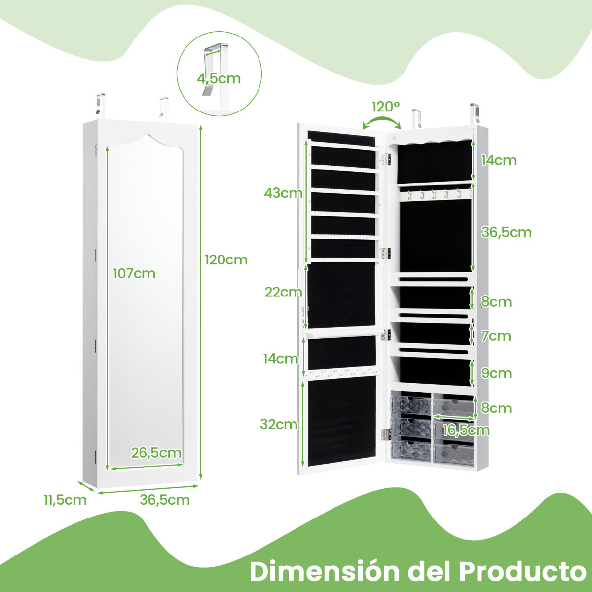Armario para Joyas con Espejo con LED Cerradura Estante para Joyero Organizador Montar en Puerta y Pared 36,5 x 11,5 x 120 cm Blanco