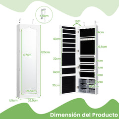 Armario para Joyas con Espejo con LED Cerradura Estante para Joyero Organizador Montar en Puerta y Pared 36,5 x 11,5 x 120 cm Blanco