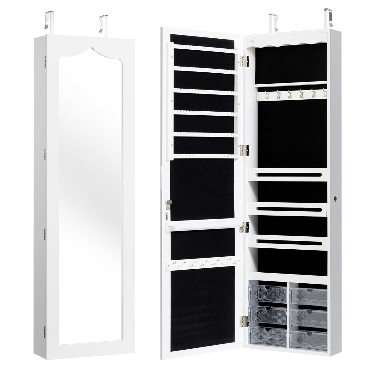 Armario para Joyas con Espejo con LED Cerradura Estante para Joyero Organizador Montar en Puerta y Pared 36,5 x 11,5 x 120 cm Blanco