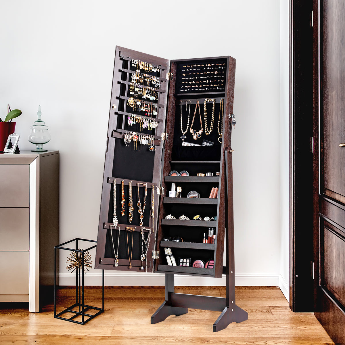 Armario para Joyas con Espejo de Cuerpo Entero Organizador Joyería con 108 Ranuras 18 Ganchos 98 Ranuras 5 Estantes 41 x 36,5 x 146 cm Marrón