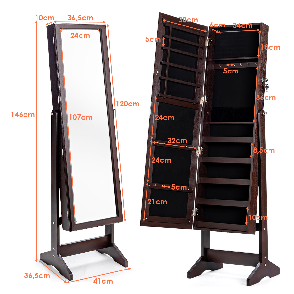 Armario para Joyas con Espejo de Cuerpo Entero Organizador Joyería con 108 Ranuras 18 Ganchos 98 Ranuras 5 Estantes 41 x 36,5 x 146 cm Marrón