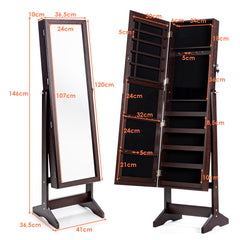 Armario para Joyas con Espejo de Cuerpo Entero Organizador Joyería con 108 Ranuras 18 Ganchos 98 Ranuras 5 Estantes 41 x 36,5 x 146 cm Marrón