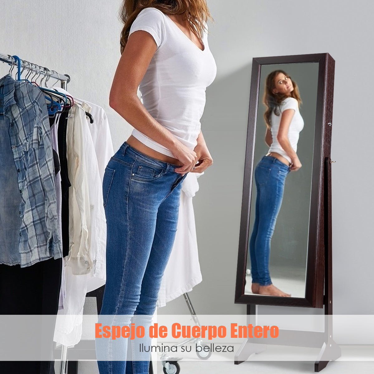Armario para Joyas con Espejo de Cuerpo Entero Organizador Joyería con 108 Ranuras 18 Ganchos 98 Ranuras 5 Estantes 41 x 36,5 x 146 cm Marrón
