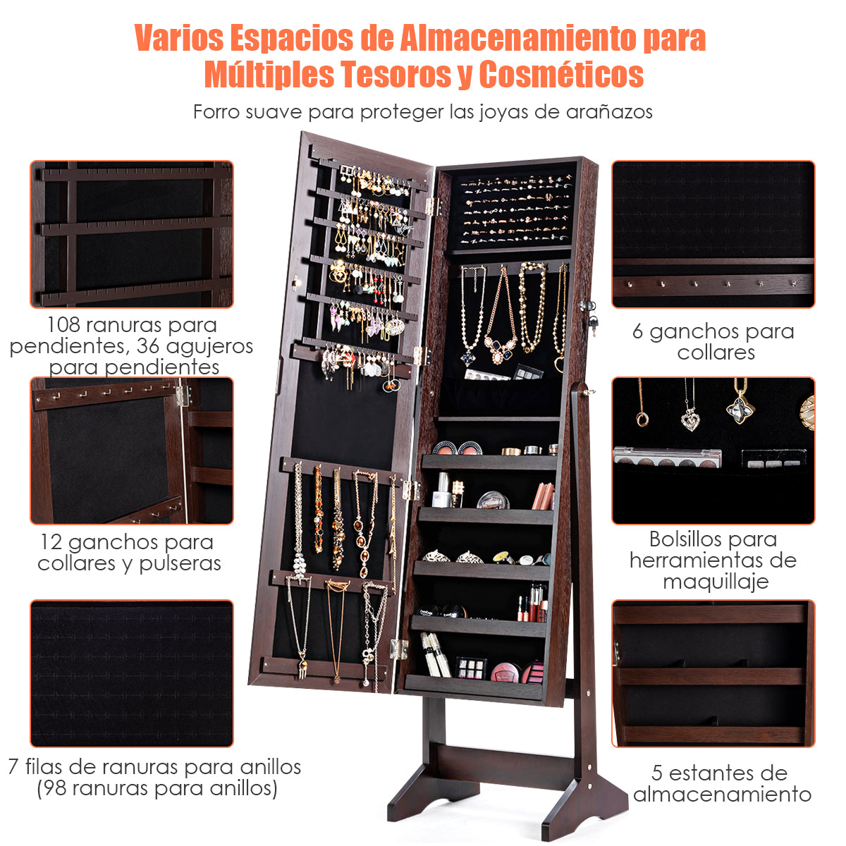 Armario para Joyas con Espejo de Cuerpo Entero Organizador Joyería con 108 Ranuras 18 Ganchos 98 Ranuras 5 Estantes 41 x 36,5 x 146 cm Marrón