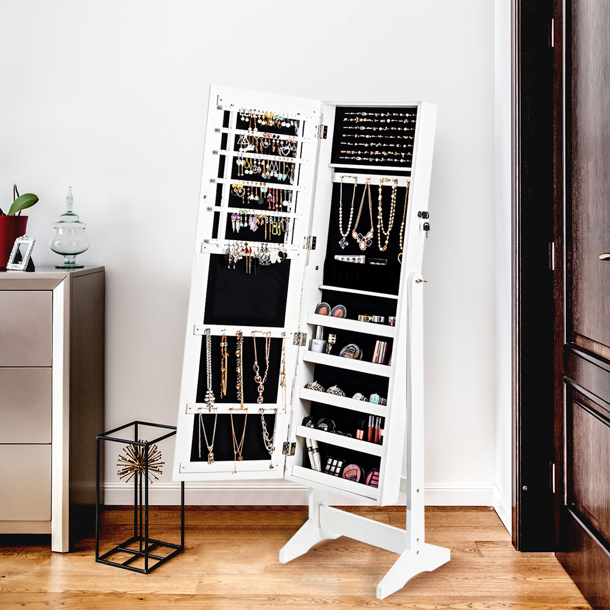 Armario para Joyas con Espejo de Cuerpo Entero Organizador Joyería con 108 Ranuras 18 Ganchos 98 Ranuras 5 Estantes 41 x 36,5 x 146 cm Blanco