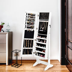 Armario para Joyas con Espejo de Cuerpo Entero Organizador Joyería con 108 Ranuras 18 Ganchos 98 Ranuras 5 Estantes 41 x 36,5 x 146 cm Blanco