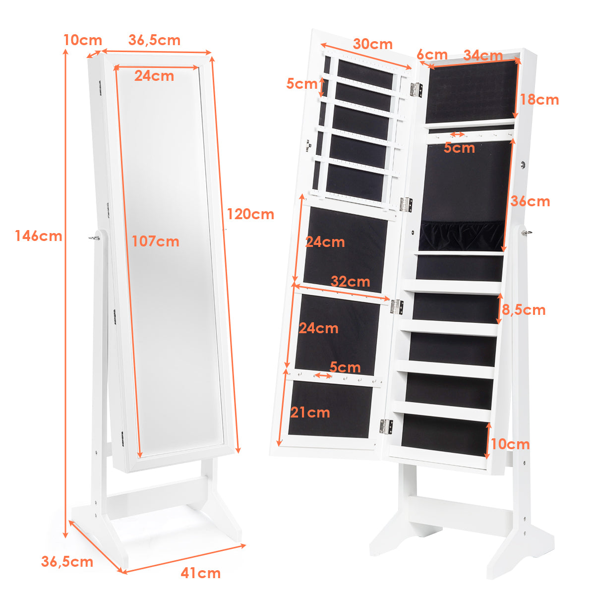Armario para Joyas con Espejo de Cuerpo Entero Organizador Joyería con 108 Ranuras 18 Ganchos 98 Ranuras 5 Estantes 41 x 36,5 x 146 cm Blanco