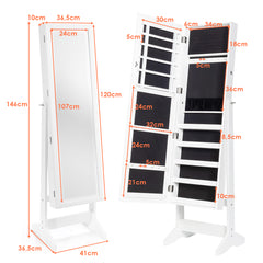 Armario para Joyas con Espejo de Cuerpo Entero Organizador Joyería con 108 Ranuras 18 Ganchos 98 Ranuras 5 Estantes 41 x 36,5 x 146 cm Blanco
