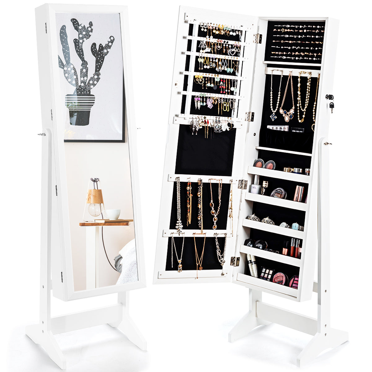 Armario para Joyas con Espejo de Cuerpo Entero Organizador Joyería con 108 Ranuras 18 Ganchos 98 Ranuras 5 Estantes 41 x 36,5 x 146 cm Blanco