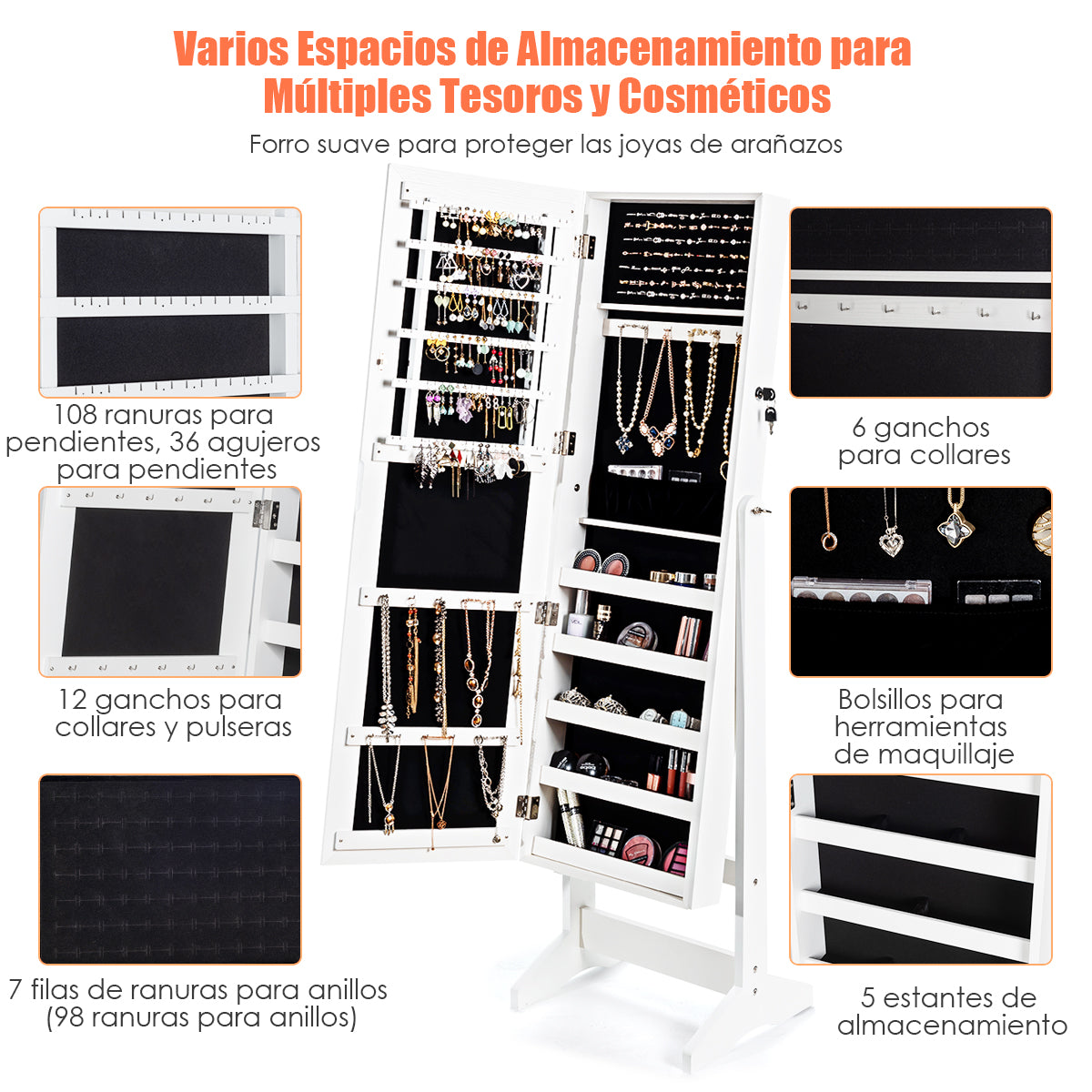Armario para Joyas con Espejo de Cuerpo Entero Organizador Joyería con 108 Ranuras 18 Ganchos 98 Ranuras 5 Estantes 41 x 36,5 x 146 cm Blanco