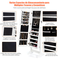 Armario para Joyas con Espejo de Cuerpo Entero Organizador Joyería con 108 Ranuras 18 Ganchos 98 Ranuras 5 Estantes 41 x 36,5 x 146 cm Blanco