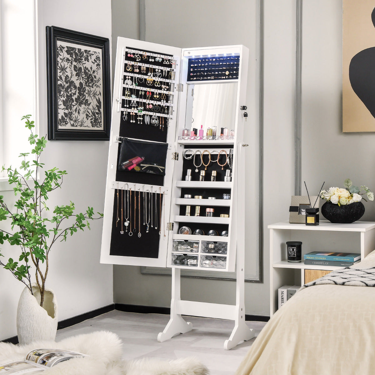 Armario para Joyas de Pie con Espejo de Cuerpo Entero Joyero con Cerradura Cajones Luz LED Organizador Almacenamiento para Joyas Blanco