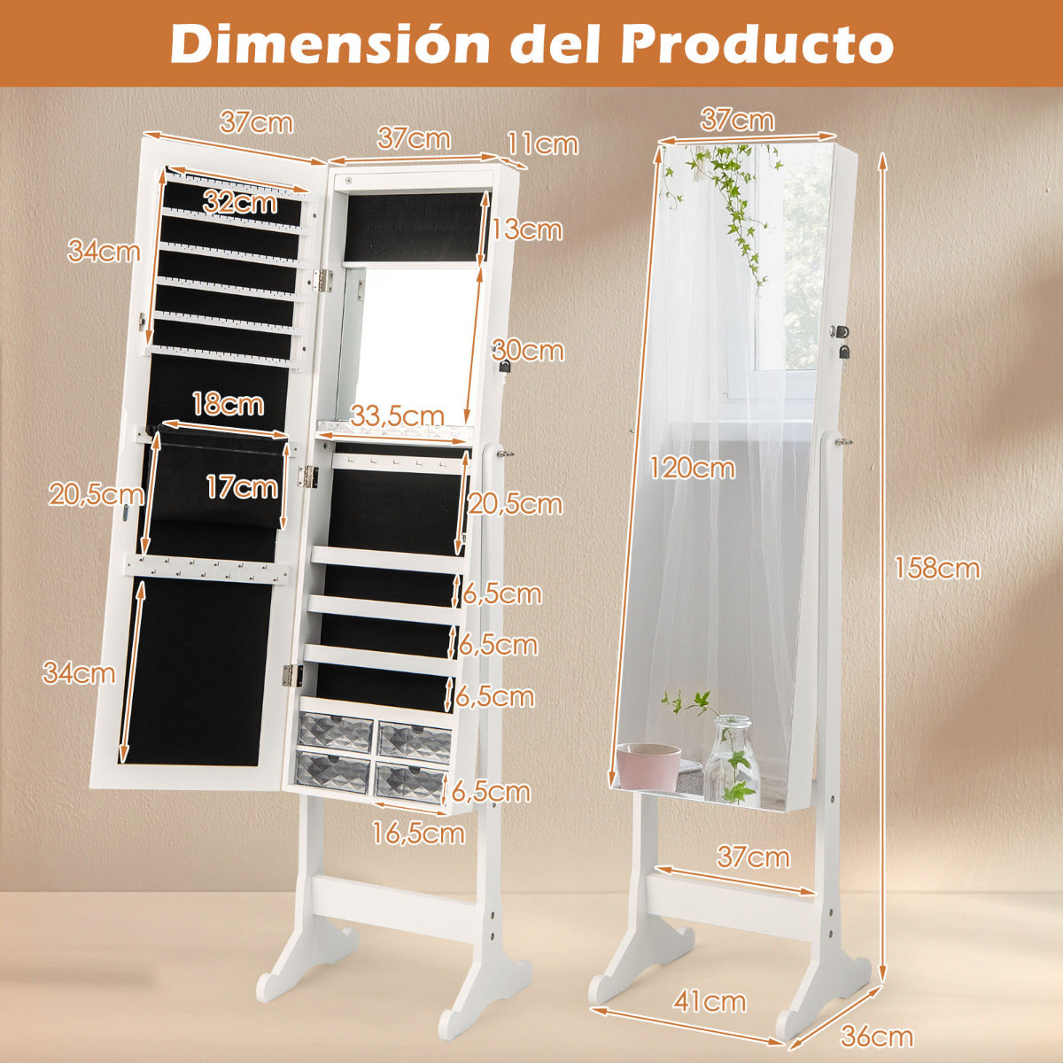 Armario para Joyas de Pie con Espejo de Cuerpo Entero Joyero con Cerradura Cajones Luz LED Organizador Almacenamiento para Joyas Blanco