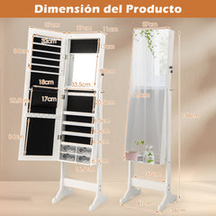 Armario para Joyas de Pie con Espejo de Cuerpo Entero Joyero con Cerradura Cajones Luz LED Organizador Almacenamiento para Joyas Blanco