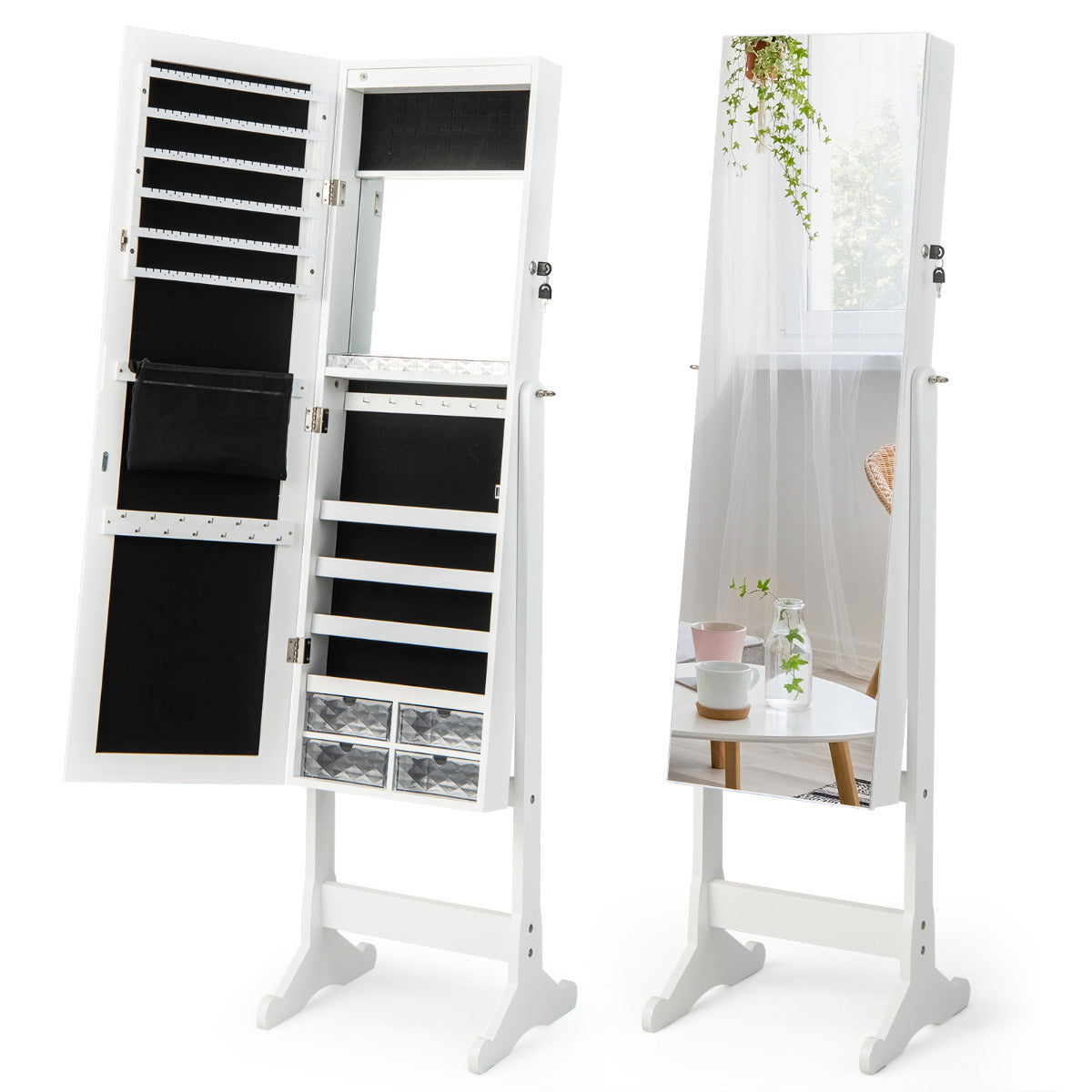 Armario para Joyas de Pie con Espejo de Cuerpo Entero Joyero con Cerradura Cajones Luz LED Organizador Almacenamiento para Joyas Blanco