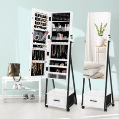 Armario para Joyas de Pie con Espejo de Cuerpo Entero Organizador de Joyas con Puerta Cajones Ruedas Bloqueables 42 x 38 x 157 cm Blanco