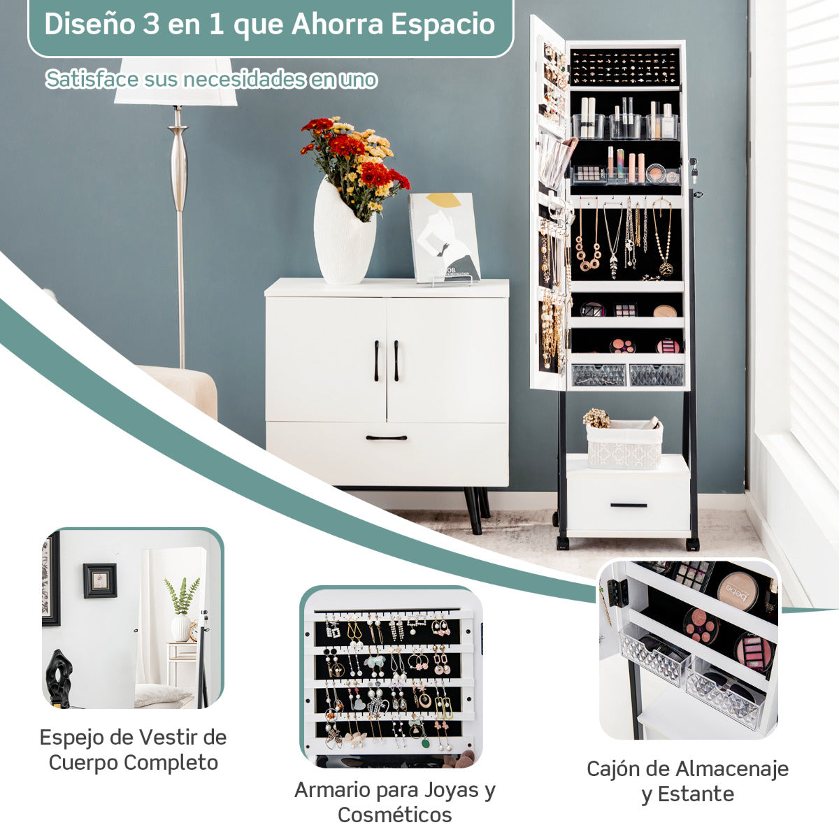 Armario para Joyas de Pie con Espejo de Cuerpo Entero Organizador de Joyas con Puerta Cajones Ruedas Bloqueables 42 x 38 x 157 cm Blanco