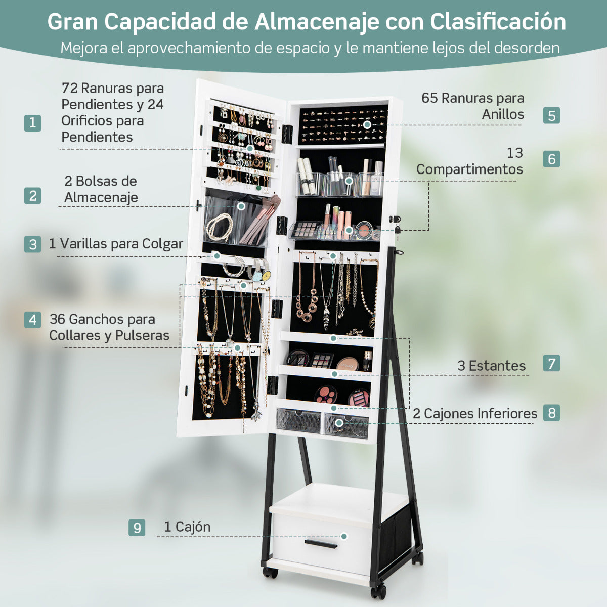 Armario para Joyas de Pie con Espejo de Cuerpo Entero Organizador de Joyas con Puerta Cajones Ruedas Bloqueables 42 x 38 x 157 cm Blanco