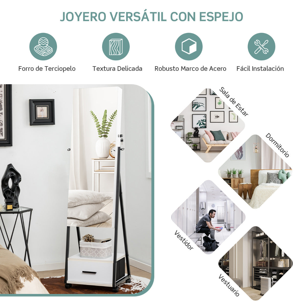 Armario para Joyas de Pie con Espejo de Cuerpo Entero Organizador de Joyas con Puerta Cajones Ruedas Bloqueables 42 x 38 x 157 cm Blanco