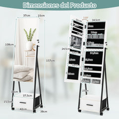 Armario para Joyas de Pie con Espejo de Cuerpo Entero Organizador de Joyas con Puerta Cajones Ruedas Bloqueables 42 x 38 x 157 cm Blanco