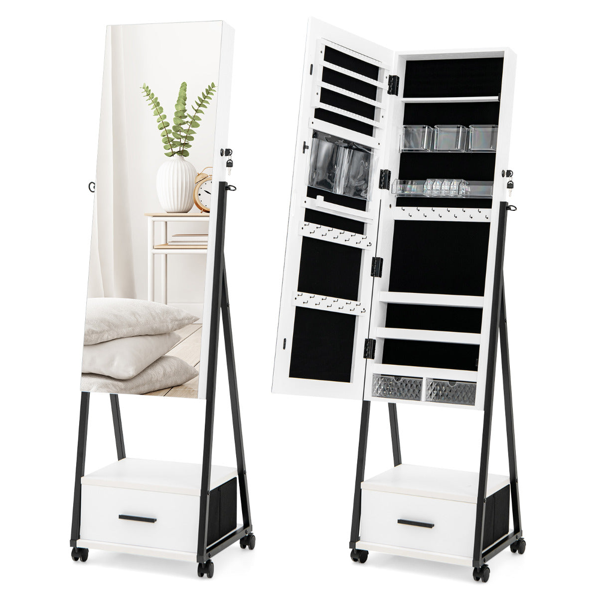 Armario para Joyas de Pie con Espejo de Cuerpo Entero Organizador de Joyas con Puerta Cajones Ruedas Bloqueables 42 x 38 x 157 cm Blanco
