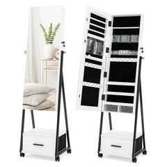 Armario para Joyas de Pie con Espejo de Cuerpo Entero Organizador de Joyas con Puerta Cajones Ruedas Bloqueables 42 x 38 x 157 cm Blanco