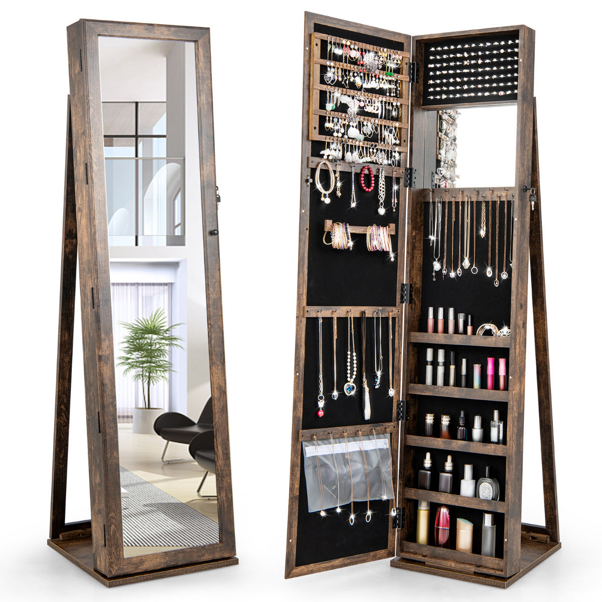 Armario para Joyas con Espejo Joyero de Pie Armario de Joyería Giratorio con Cerradura 91 Ranuras para Anillos 38 x 38 x 157,5 cm Marrón