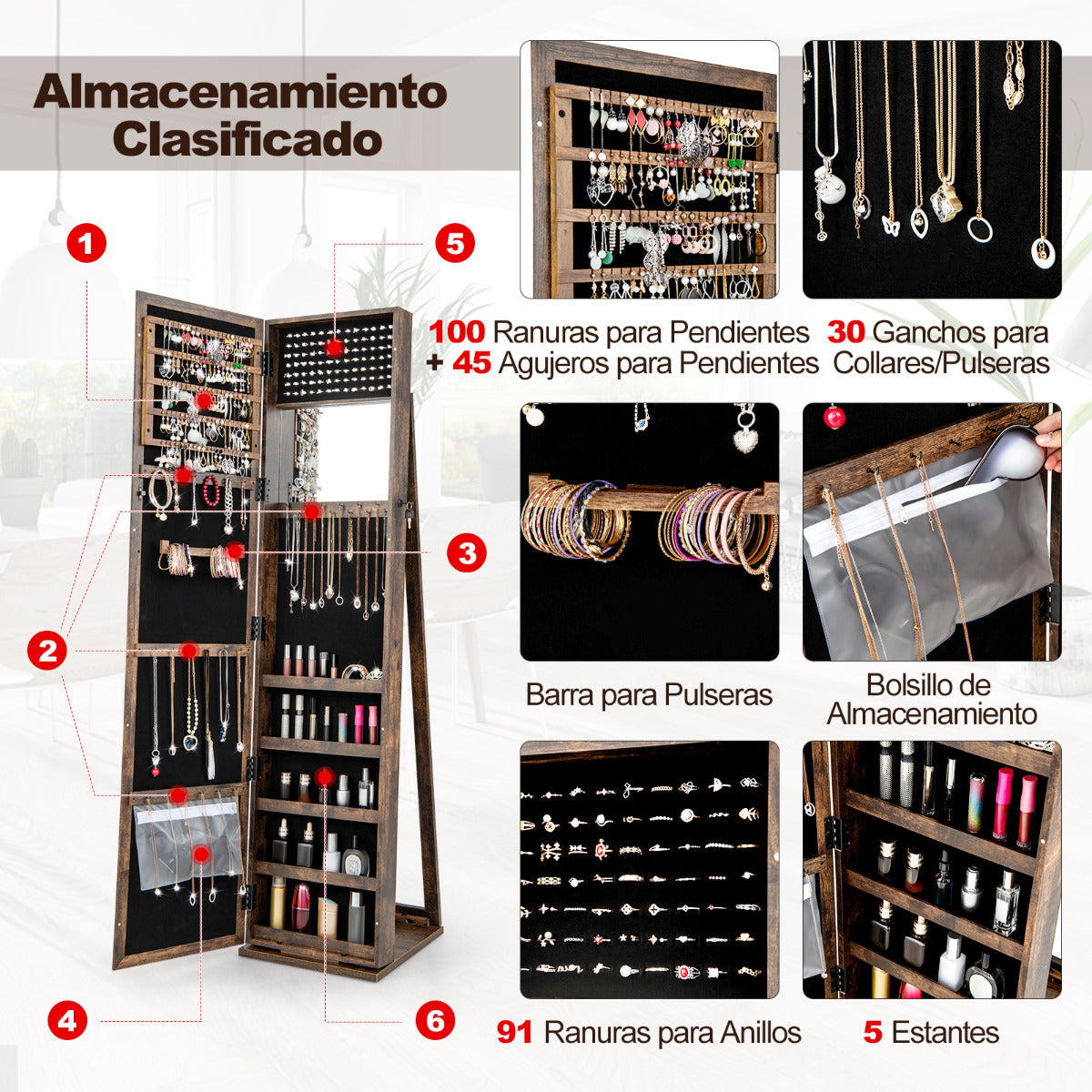 Armario para Joyas con Espejo Joyero de Pie Armario de Joyería Giratorio con Cerradura 91 Ranuras para Anillos 38 x 38 x 157,5 cm Marrón