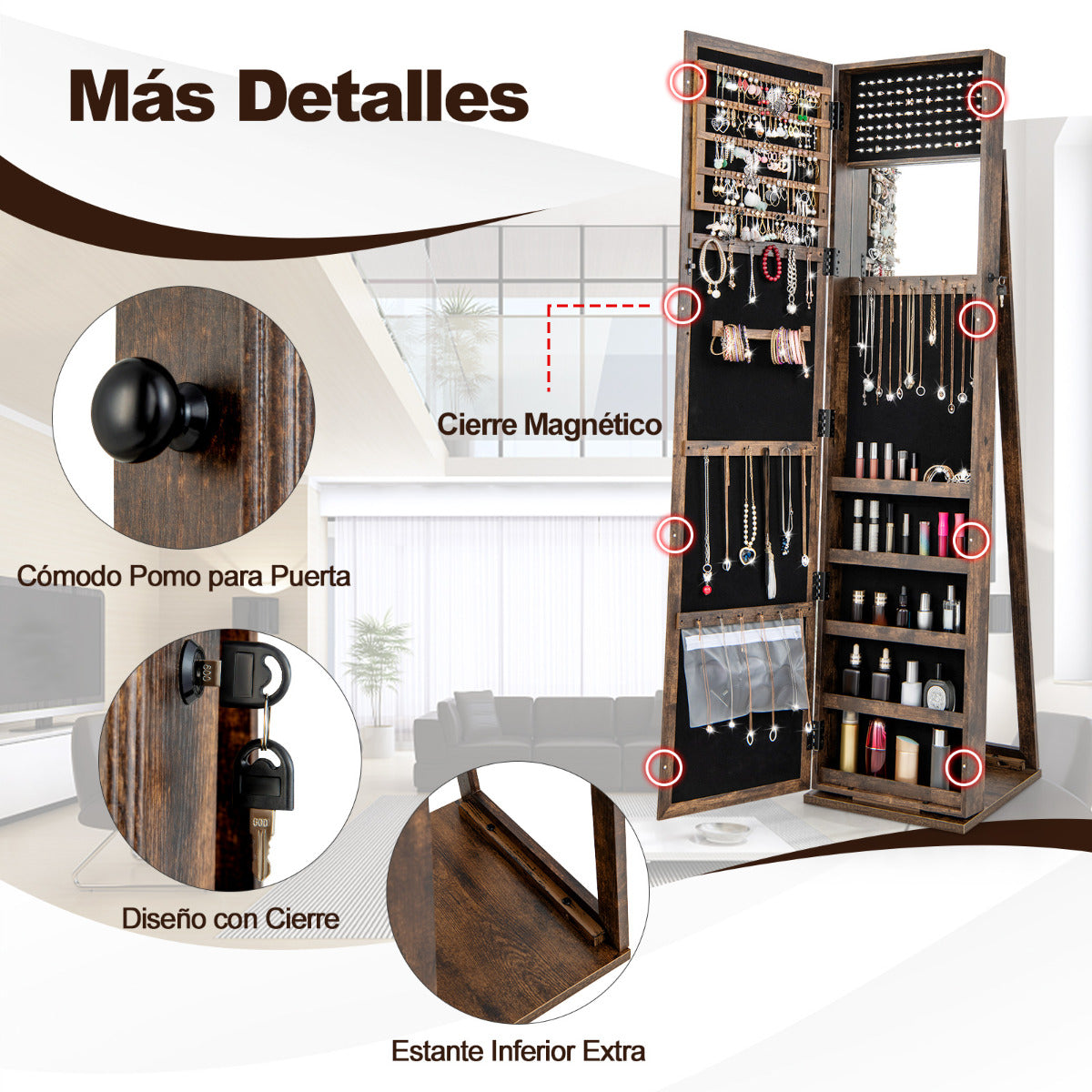 Armario para Joyas con Espejo Joyero de Pie Armario de Joyería Giratorio con Cerradura 91 Ranuras para Anillos 38 x 38 x 157,5 cm Marrón