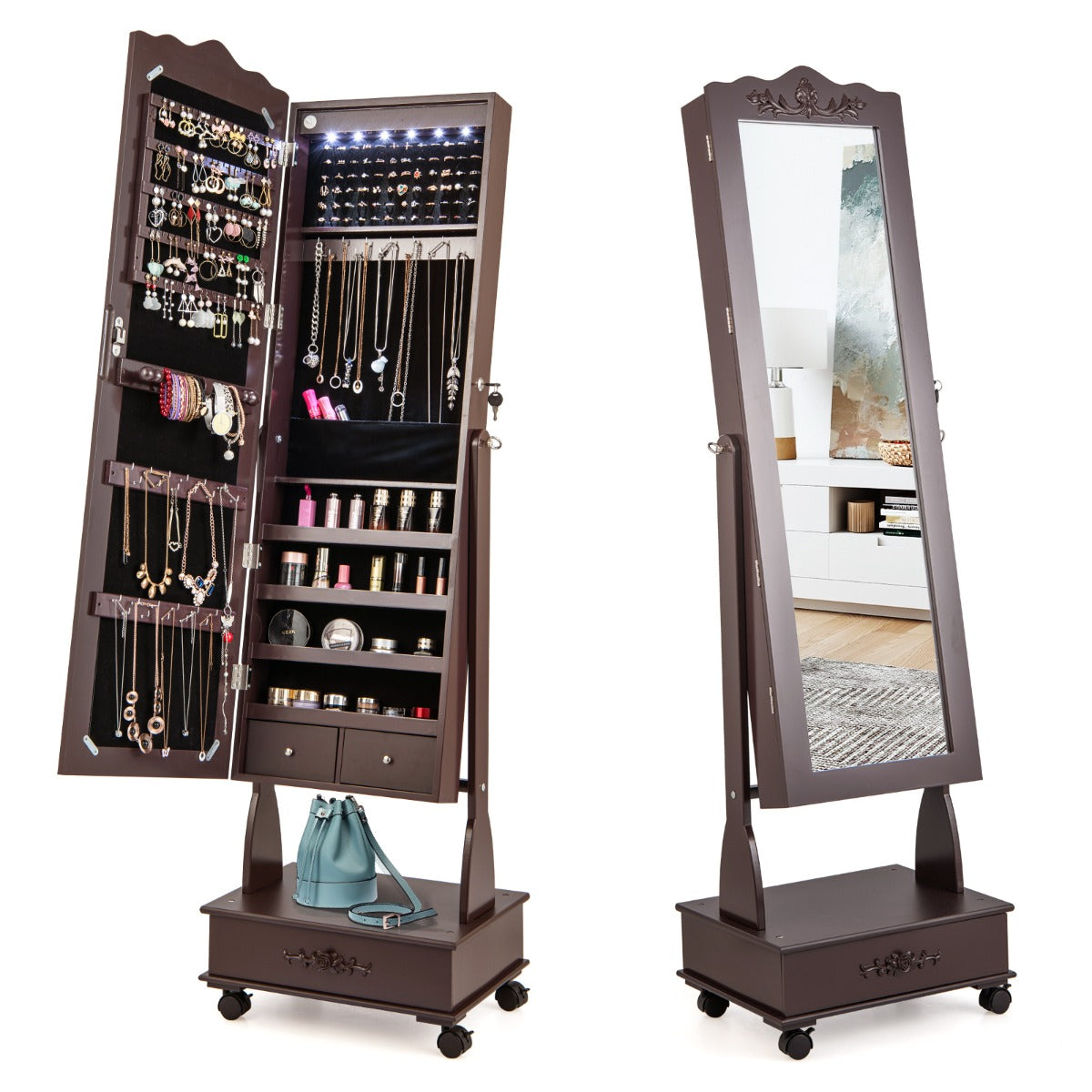 Armario Para Joyas Organizador con Cerradura y 3 Posiciones Ajustables 4 Ruedas y Espejo de Cuerpo 45 x 35 x 157 cm Marrón