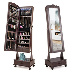 Armario Para Joyas Organizador con Cerradura y 3 Posiciones Ajustables 4 Ruedas y Espejo de Cuerpo 45 x 35 x 157 cm Marrón