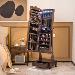 Armario Para Joyas Organizador con Cerradura y 3 Posiciones Ajustables 4 Ruedas y Espejo de Cuerpo 45 x 35 x 157 cm Marrón