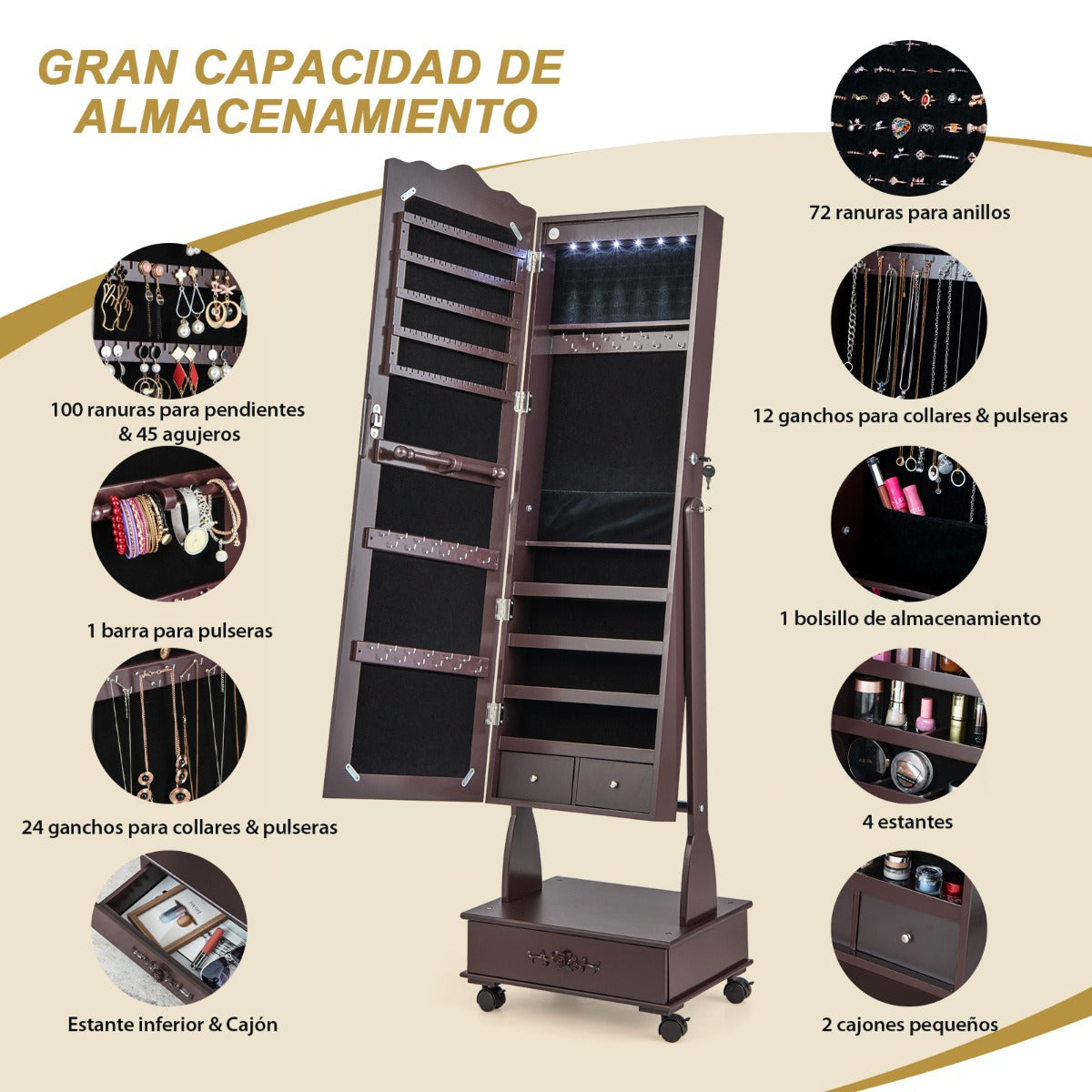 Armario Para Joyas Organizador con Cerradura y 3 Posiciones Ajustables 4 Ruedas y Espejo de Cuerpo 45 x 35 x 157 cm Marrón