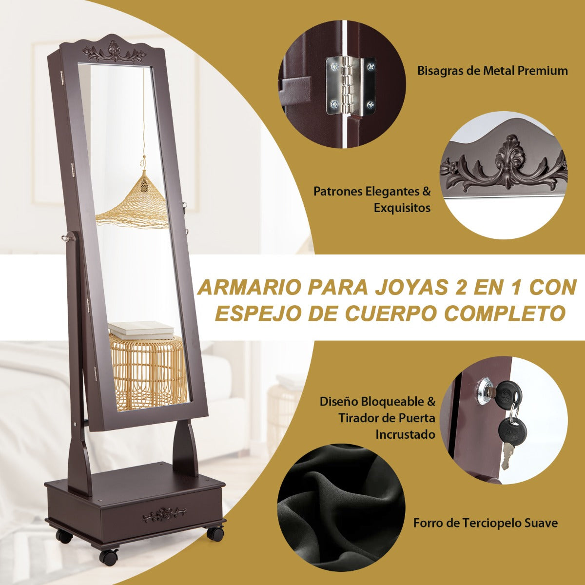 Armario Para Joyas Organizador con Cerradura y 3 Posiciones Ajustables 4 Ruedas y Espejo de Cuerpo 45 x 35 x 157 cm Marrón