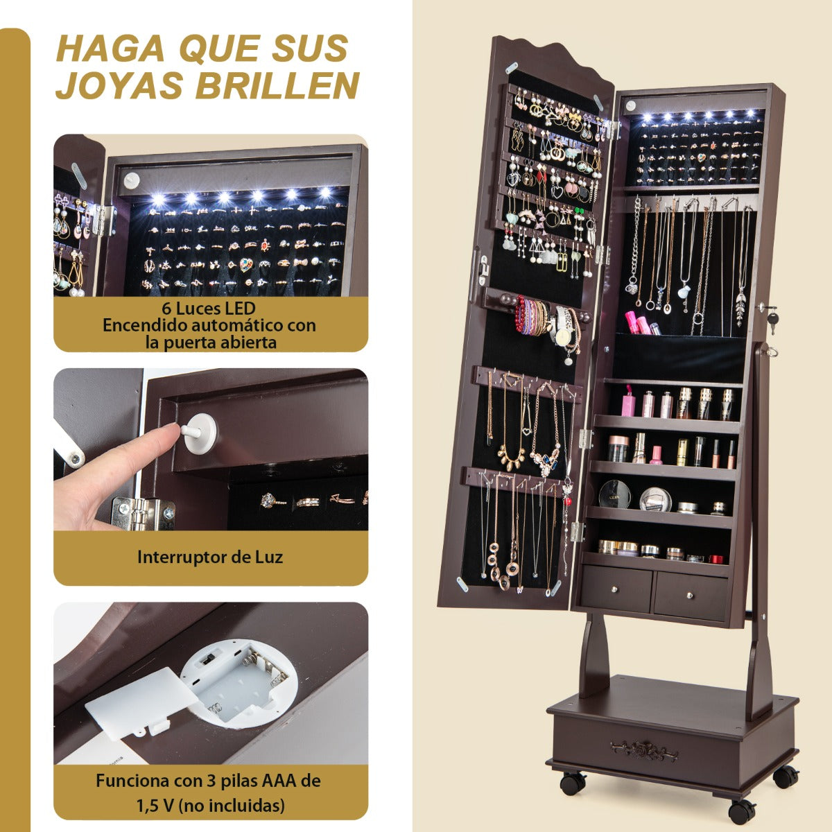 Armario Para Joyas Organizador con Cerradura y 3 Posiciones Ajustables 4 Ruedas y Espejo de Cuerpo 45 x 35 x 157 cm Marrón
