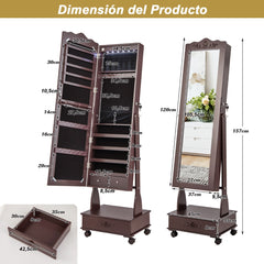 Armario Para Joyas Organizador con Cerradura y 3 Posiciones Ajustables 4 Ruedas y Espejo de Cuerpo 45 x 35 x 157 cm Marrón