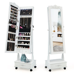Armario Para Joyas Organizador con Cerradura y 3 Posiciones Ajustables 4 Ruedas y Espejo de Cuerpo 45 x 35 x 157 cm Blanco