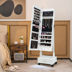 Armario Para Joyas Organizador con Cerradura y 3 Posiciones Ajustables 4 Ruedas y Espejo de Cuerpo 45 x 35 x 157 cm Blanco