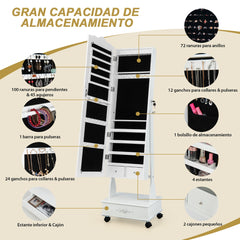 Armario Para Joyas Organizador con Cerradura y 3 Posiciones Ajustables 4 Ruedas y Espejo de Cuerpo 45 x 35 x 157 cm Blanco