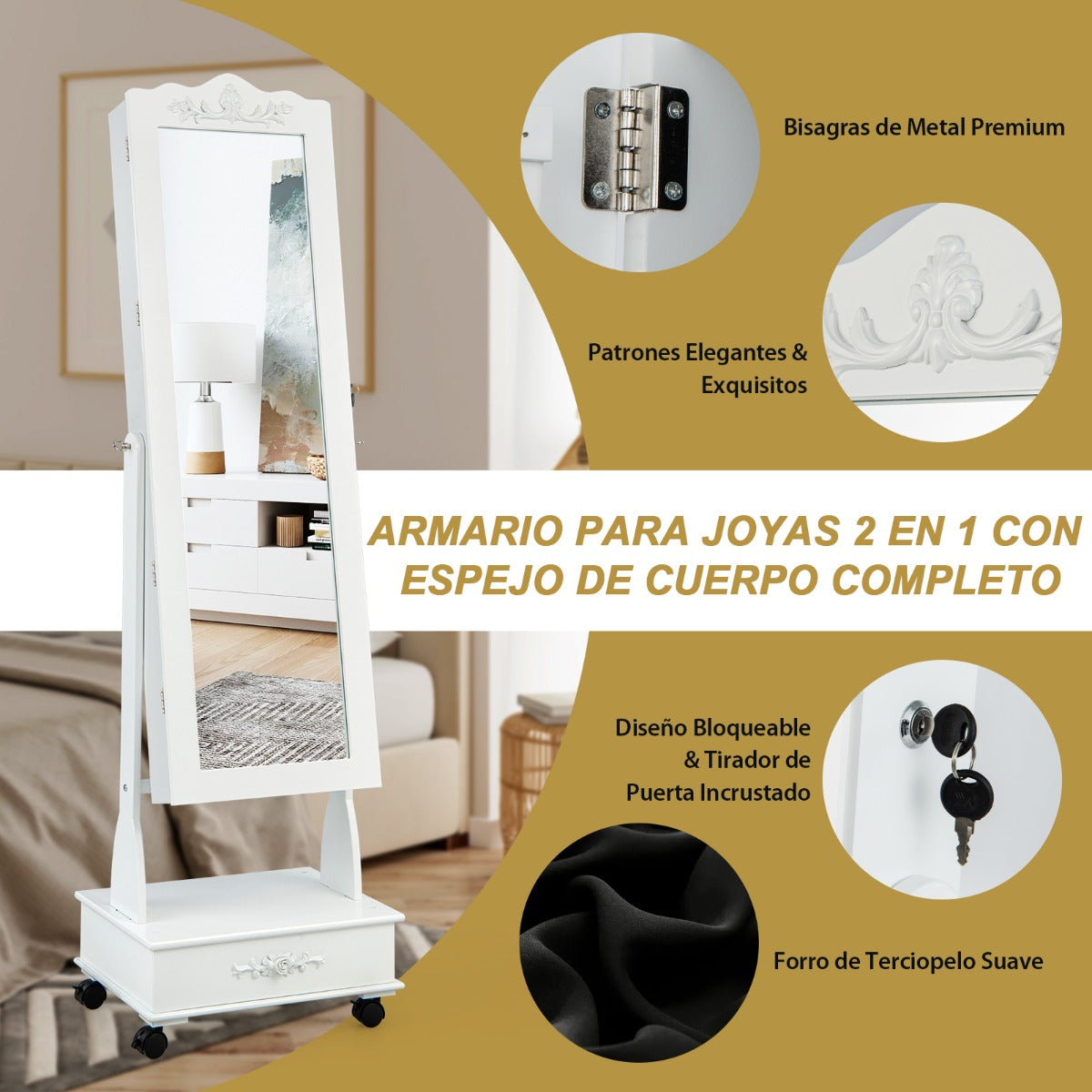 Armario Para Joyas Organizador con Cerradura y 3 Posiciones Ajustables 4 Ruedas y Espejo de Cuerpo 45 x 35 x 157 cm Blanco