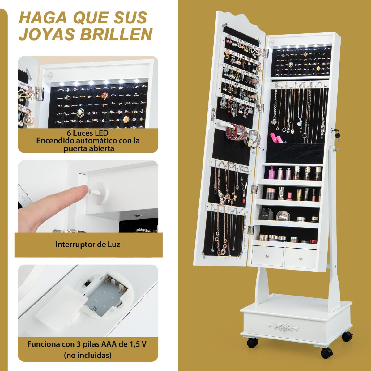 Armario Para Joyas Organizador con Cerradura y 3 Posiciones Ajustables 4 Ruedas y Espejo de Cuerpo 45 x 35 x 157 cm Blanco