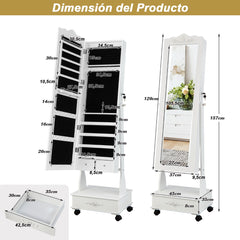 Armario Para Joyas Organizador con Cerradura y 3 Posiciones Ajustables 4 Ruedas y Espejo de Cuerpo 45 x 35 x 157 cm Blanco