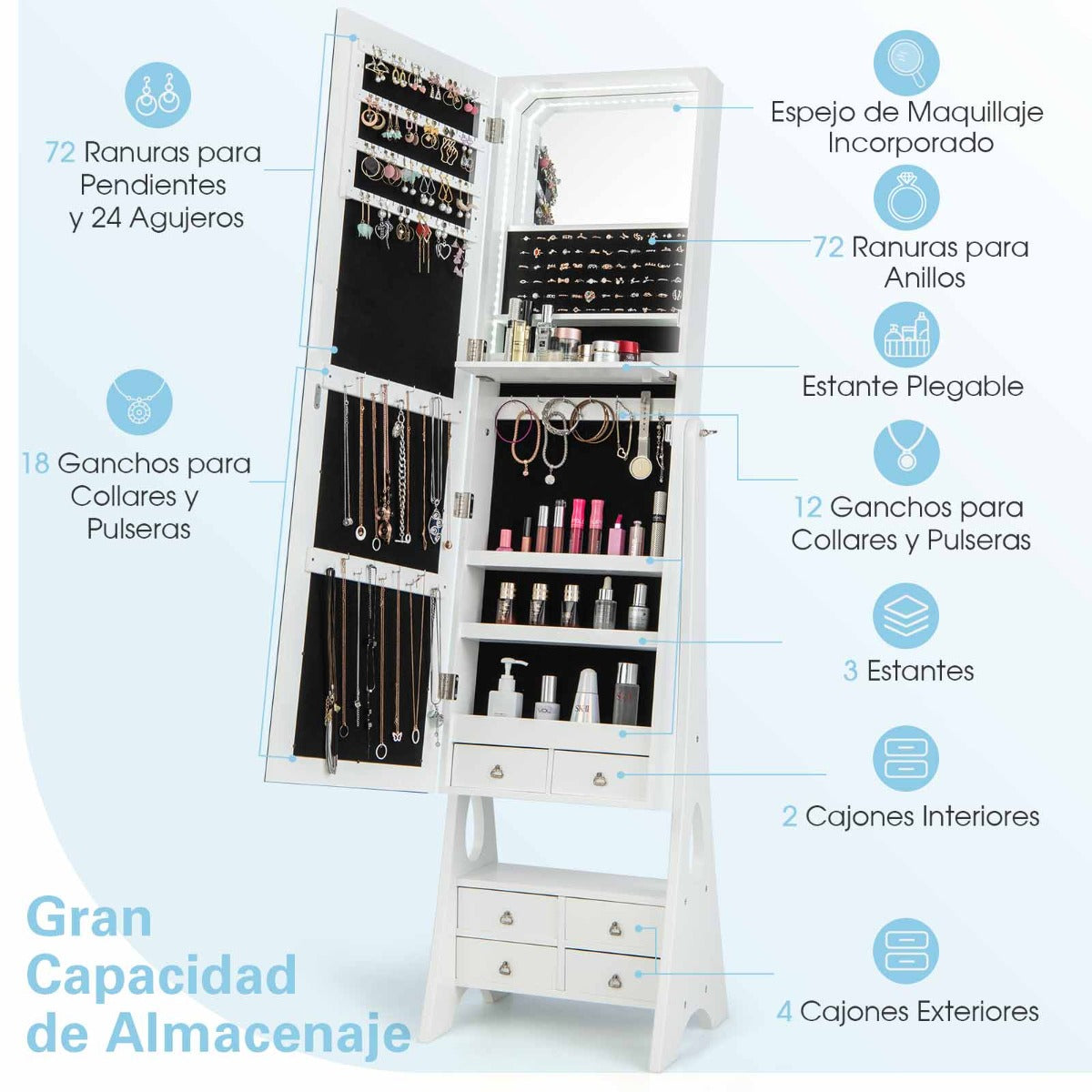 Armario para Joyas con Espejo Joyero con Luces LED Ángulo de Inclinación Ajustable Gran Capacidad de Almacenamiento 41 x 36 x 159 cm Blanco
