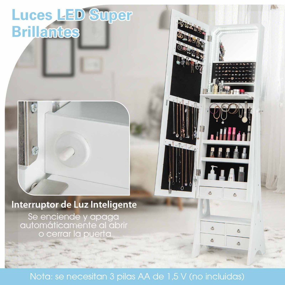 Armario para Joyas con Espejo Joyero con Luces LED Ángulo de Inclinación Ajustable Gran Capacidad de Almacenamiento 41 x 36 x 159 cm Blanco